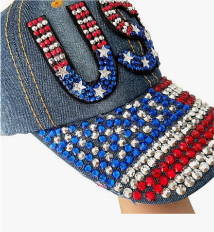 Unisex American flag baseball cap, denim distressed rhinestone cap, adult style (navy blue) - NOVA ARC MARKETPLACE