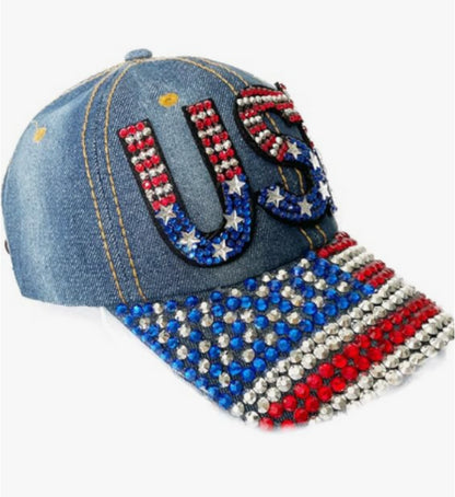 Unisex American flag baseball cap, denim distressed rhinestone cap, adult style (navy blue) - NOVA ARC MARKETPLACE