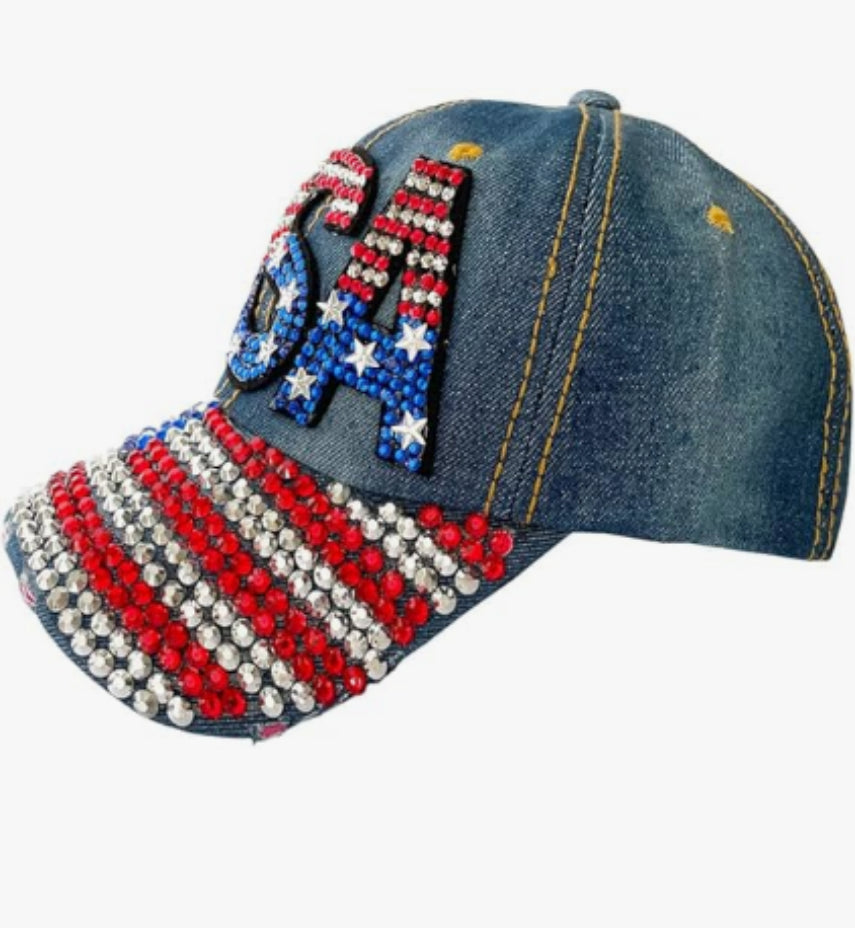 Unisex American flag baseball cap, denim distressed rhinestone cap, adult style (navy blue) - NOVA ARC MARKETPLACE