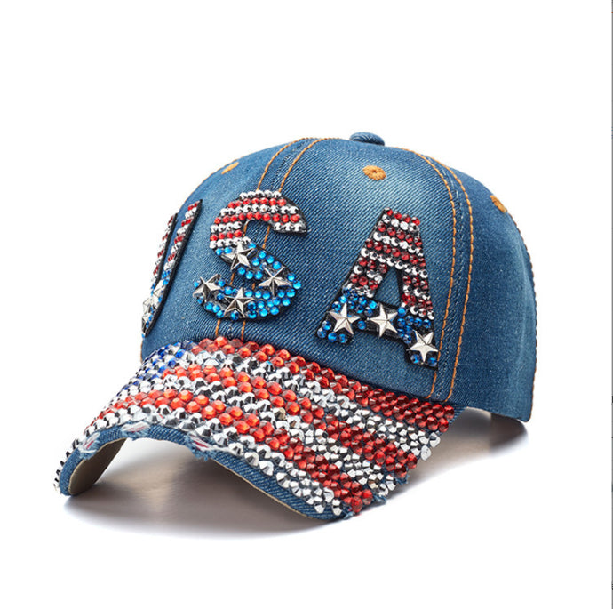 Unisex American flag baseball cap, denim distressed rhinestone cap, adult style (navy blue) - NOVA ARC MARKETPLACE