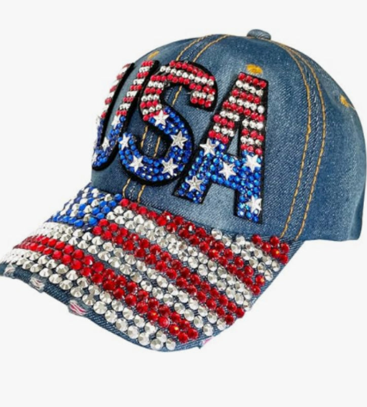 Unisex American flag baseball cap, denim distressed rhinestone cap, adult style (navy blue) - NOVA ARC MARKETPLACE